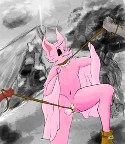 anthro asymmetrical_eyes ball_leash ball_pulling ball_tugging balls black_eyes black_sclera chastity_cage chastity_cage_only chastity_device chastity_device_only cock_and_ball_torture collar dominant domination/submission femboy forest forest_background fur genital_leash genital_torture genitals gold_(metal) gold_chastity_cage gold_chastity_device group leash leash_pull leashed_collar male male_focus mountain nature nature_background navel neck_collar nude offscreen_character outdoor_nudity outside pained_expression pink_body pink_fur plant public public_nudity solo_focus submissive submissive_male tree trio wearing_chastity_cage wearing_chastity_device wince winged_arms wings snwcne bat mammal hi_res