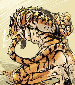 4_fingers abs anthro barazoku barefoot bdsm biped bite biting_own_tail black_stripes bondage bound broad_shoulders butt captured chain chained claws countershade_butt countershade_face countershade_torso countershading cuff_(restraint) cuff_links cuffed_wrists ears_back ellipsis fangs fantasy feet finger_claws fingers fur hands_behind_back hands_tied kemono kneeling leg_markings looking_at_viewer looking_back male male_anthro markings metal_cuffs muscular muscular_anthro muscular_male nipples nude nude_anthro nude_male pawpads pecs pivoted_ears plantigrade rear_view restrained restraints shackled shackles slave socks_(marking) soles solo striped_body striped_fur stripes submissive submissive_anthro submissive_male tail tail_in_mouth tail_in_own_mouth tan_body tan_countershading teeth text yellow_body yellow_fur yellow_sclera unknown_artist felid mammal pantherine tiger 2006 archived_source digital_media_(artwork) japanese_text low_res oekaki portrait three-quarter_portrait translation_request