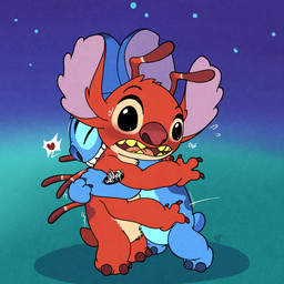 4_arms 4_fingers ambiguous_gender antennae_(anatomy) anthro biped black_eyes blue_body blue_claws blue_fur blue_nose blush bodily_fluids claws confusion duo eyes_closed finger_claws fingers flying_sweatdrops fur head_tuft heart_symbol hug multi_arm multi_limb multicolored_antennae notched_ear oof open_mouth red_body red_claws red_fur red_nose smile standing sweat sweatdrop tuft argon_vile disney lilo_and_stitch leroy_(lilo_and_stitch) stitch_(lilo_and_stitch) alien experiment_(lilo_and_stitch) 1:1 2025 digital_drawing_(artwork) digital_media_(artwork) hi_res