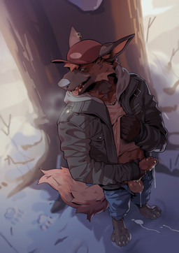 4_toes 5_fingers anthro balls barefoot behind_tree bodily_fluids bottomwear brown_body brown_fur cheek_tuft claws clothed clothing clothing_lift cum cum_drip cum_on_balls cum_on_ground dripping ear_piercing facial_tuft feet fingers fur genital_fluids genitals hat headgear headwear high-angle_view holding_own_penis holding_penis humanoid_genitalia humanoid_penis jacket male masturbation multicolored_body multicolored_fur open_bottomwear open_clothing open_mouth open_pants orange_body orange_fur outside outside_masturbation pants penis piercing plant shirt shirt_lift snow solo standing tail toe_claws toes topwear tree tuft unzipped unzipped_pants zipper patto canid canine canis domestic_dog german_shepherd herding_dog mammal pastoral_dog 2026 digital_media_(artwork) hi_res
