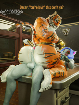 anthro balls big_butt bodily_fluids bottomless butt circumcised clothed clothing clothing_grab cum cum_on_butt desk dialogue duo erection feet forearm_muscles furniture genital_fluids genitals glans gloves handwear hoodie hoodie_only hot_dogging jockstrap jockstrap_only logo male male/male narrowed_eyes office on_desk on_table penis power_bottom robotic_arm sex soles table tail teasing teasing_with_butt text toes topless topwear topwear_only underwear underwear_only whiskers white_body jaiblizz camseven_(modeler) dollymolly323_(modeler) epic_games fortnite nyanja_(fortnite) oscar_(fortnite) felid feline mammal pantherine tiger 3:4 3d_(artwork) digital_media_(artwork) english_text hi_res