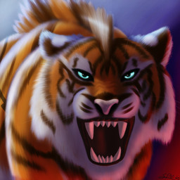 ambiguous_gender brown_markings fangs feral front_view fur fur_markings glowing glowing_eyes gradient_background looking_at_viewer mane markings multicolored_body multicolored_fur open_mouth orange_body orange_fur pink_nose pointy_ears prick_ears simple_background snarling solo teal_eyes teeth whiskers white_body white_fur spe jay_(skalldor) felid mammal pantherine tiger 1:1 2025 absurd_res bust_portrait dated digital_media_(artwork) digital_painting_(artwork) hi_res icon painting_(artwork) portrait procreate_(artwork) signature male_(lore)