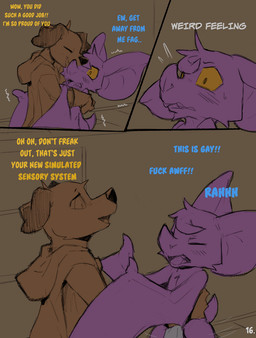 ambiguous_gender anthro big_ears blue_text blush cloak clothed clothing comic_panel dialogue duo homophobic_slur hug profanity purple_body slur text wings yellow_eyes yellow_text conditional_dnp dacad tyler_(dacad) zipper_(dacad) bat canid canine mammal comic english_text hi_res restricted_palette