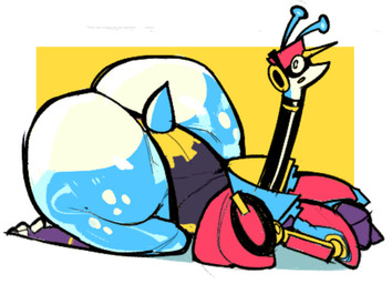 anthro big_butt blue_body butt butt_focus clothing cybernetic_arm cybernetic_limb electronics hat headgear headphones headwear huge_butt hyper hyper_butt jacket leotard long_neck male multicolored_body solo tail thick_thighs topwear two_tone_body white_body solsticespaghetti dj_gyro_(solsticespaghetti) unknown_species