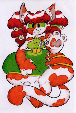 anthro big_breasts breasts clothing dress female green_clothing green_dress green_sclera hair huge_hips hyper hyper_hips red_hair solo thick_thighs wide_hips shar0makai felid feline mammal 2026 absurd_res hi_res traditional_media_(artwork)