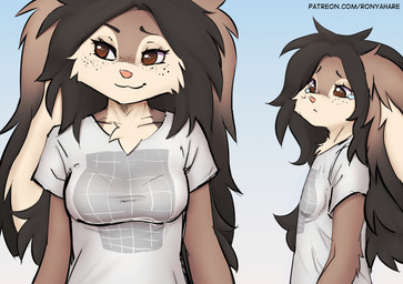 black_hair bodily_fluids breasts brown_eyes clothed clothing crying female floppy_ears fluffy fluffy_ears fluffy_hair freckles fur grey_body grey_fur hair long_ears lop_ears shirt smile solo t-shirt tears text topwear white_body white_fur elronya ronya suvi_(elronya) lagomorph leporid mammal rabbit hi_res url