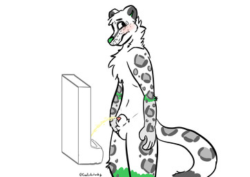 animal_genitalia animal_penis anthro balls blush bodily_fluids feline_genitalia feline_penis genital_fluids genitals holding_balls male male_peeing peeing penis penis_tip sheath simple_background solo standing tail urinal urine urine_stream white_background white_body coalcolorhusky karno_(coalcolorhusky) felid mammal pantherine snow_leopard absurd_res hi_res