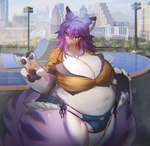 4_fingers anthro belly big_belly big_breasts big_hands bottomwear breasts city cleavage clothed clothing day detailed_background eyebrow_through_hair eyebrows female fingers fur gesture hair hand_gesture handpaw huge_breasts huge_thighs kemono long_hair midriff multicolored_body multicolored_fur navel outside overweight overweight_anthro overweight_female pawpads paws pear-shaped_figure purple_body purple_fur purple_hair skate_park skateboard solo standing thick_thighs topwear translucent translucent_hair v_sign vehicle water white_body white_fur wide_hips yellow_eyes utterangle tsukiyo unknown_species digital_media_(artwork) hi_res portrait three-quarter_portrait