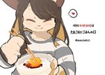 anthro bowl brown_hair chopsticks clothed clothing container eating eyes_closed female food hair happy heart_symbol holding_object long_hair simple_background smile solo sweater topwear white_background atori