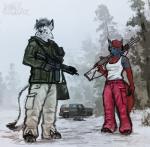 anthro ar-15 ar_platform car clothed clothing detailed_background duo_focus female forest group gun hair holding_gun holding_object holding_ranged_weapon holding_rifle holding_weapon horn m4a4 male mossberg_500 outside plant pump_action pump_action_shotgun ranged_weapon red_hair rifle snow stoner_rifle tree trigger_discipline vehicle weapon sligarthetiger alxias ally_(alxias) sligar canid canine canis coyote demon fox hybrid mammal wolf digital_media_(artwork) digital_painting_(artwork)