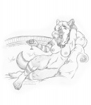 alcohol anthro beverage breasts female food genitals jewelry looking_at_viewer nipples nude pose pussy solo tail wine thetiedtigress brown_hyena hyena mammal black_and_white monochrome pinup