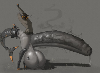 anthro arms_above_head balls balls_on_ground big_balls big_penis bodily_fluids bone bottomless bottomless_anthro bottomless_male clothed clothing erection eyes_closed fin foreskin genital_fluids genitals glistening glistening_balls glistening_genitalia glistening_penis grass hands_behind_back huge_balls huge_penis humanoid_genitalia humanoid_penis hyper hyper_balls hyper_genitalia hyper_penis label leaking_precum machine male male_anthro musk musky_penis number number_on_body penis plant precum pubes shark_tail shirt side_view simple_background skull skull_symbol solo stretching sweater tail tail_fin teeth topwear turtleneck vein veiny_penis visor warning_sign ace0t0nic ethan_(humbug) aquatic fish hybrid protogen shark absurd_res digital_drawing_(artwork) digital_media_(artwork) hi_res