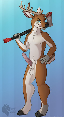 anthro antlers axe balls erection genitals horn looking_at_viewer male penile penis simple_background smile solo tail tongue tongue_out weapon marvelous_managerie parku_cret deer mammal absurd_res digital_media_(artwork) hi_res