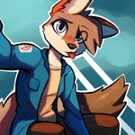 anthro black_nose blep blue_background brown_body brown_fur clothed clothing fully_clothed fur light looking_at_viewer simple_background solo tail tongue tongue_out enginetrap ash_(enginetrap) canid canine fox mammal sechuran_fox south_american_fox 1:1 2023 digital_media_(artwork) hi_res lighting shaded trans_(lore) trans_woman_(lore)