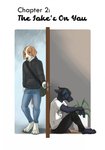 against_door against_surface airam anthro black_body black_fur black_hair blue_eyes bottomwear brown_eyes canid canine canis claws clothing comic cover cover_art cover_page denim denim_bottomwear denim_clothing despondent digitigrade domestic_dog door doorknob duo english_text frown fur gaikotsu hair hi_res highlights_(coloring) holding_wrist jeans male mammal messenger_bag pants plant plant_pot potted_plant sad shirt sitting t-shirt tan_body tan_fur tauski text toe_claws topwear wolf
