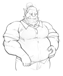 clothed clothing fully_clothed holding_belly male not_furry overweight overweight_humanoid overweight_male simple_background solo white_background maldu humanoid orc 5:6 absurd_res hi_res monochrome sketch