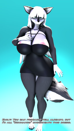 anthro barefoot big_breasts black_clothing black_dress blue_eyes breasts clothed clothed_anthro clothed_female clothing dress ear_piercing ear_ring feet female fluffy fluffy_tail fur grey_body grey_fur hair huge_breasts long_hair looking_at_viewer multicolored_body multicolored_fur nipple_slip nipples no_underwear piercing pink_nipples ring_piercing solo tail text two_tone_body two_tone_fur white_body white_fur white_hair wide_hips atoastedorange emily_(uncleiroh609) canid canine canis domestic_dog husky hybrid mammal nordic_sled_dog spitz wolf 2025 3d_(artwork) 9:16 digital_media_(artwork) english_text hi_res
