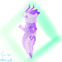 anthro antlers female hair hooves horn pink_hair purple_body purple_eyes solo standing yizhi whitefoxcedar deer mammal 1:1 hi_res