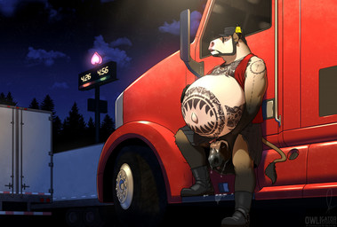 andromorph anthro beard belly big_belly bodily_fluids boots bottomwear clothing cloud duo eyewear facial_hair footwear genital_fluids glasses hat headgear headwear heavy_truck horn intersex looking_pleasured male navel night outie_navel plant semi-trailer_truck shoes skirt tattoo tree truck truck_stop unbirthing vaginal vaginal_head_gulp vehicle vore owligatorstudios segremores bovid bovine equid equine horse mammal 2022 nonbinary_(lore)