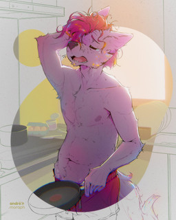 anthro armpit_hair backlighting belly body_hair clothed clothing cookware eyes_closed frying_pan fur glowing glowing_body glowing_fur hair holding_object kitchen kitchen_utensils light male morning navel nipple_outline nipples open_mouth purple_body purple_fur red_hair slim solo tired tools topless underwear vitiligo window andre_moraph andre_moraph_(character) canid canine canis mammal wolf 2026 colored film_grain hi_res lighting line_art signature