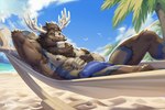 abs anthro antlers beach_background bulge detailed_bulge fangs genital_outline hammock horn male muscular muscular_anthro muscular_male nipples pecs penis_outline sharp_teeth solo teeth amon-sydonai diffuse_moose deer mammal moose new_world_deer hi_res