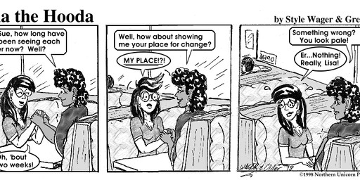bodily_fluids breasts cleavage clothed clothed_female clothing dialogue diner duo eyewear female female/female flying_sweatdrops glasses hair human_only inside not_furry restaurant sweat sweatdrop text style_wager dela_the_hooda lisa_(dela_the_hooda) sue_chan_(dela_the_hooda) human mammal 1998 comic english_text greyscale monochrome