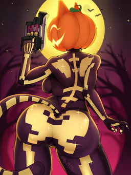 anthro big_butt bone butt claws female food for_a_head forest forest_background fruit glowing glowing_eyes gun holding_object holding_weapon moon nature nature_background night plant pumpkin pumpkin_head ranged_weapon shotgun skeleton smile solo sparkles tail tree weapon mittsu epic_games fortnite spice_(fortnite) ambient_bat felid feline mammal object_head 3:4 absurd_res hi_res