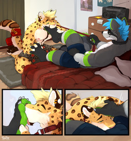 anthro bell blonde_hair blue_hair blush body_hair boxers_(clothing) bulge bulge_sniffing clothed clothing countershade_face countershade_feet countershade_legs countershading duo ear_piercing feet foot_fetish foot_grab foot_in_mouth foot_lick foot_sniffing full_pad fur grey_body grey_fur hair hand_on_head happy_trail heart_symbol jingle_bell leash leash_pull leopard_spots licking male male/male muscular muscular_anthro muscular_male partially_clothed pawpads paws piercing raised_foot sniffing soles spots tongue underwear yellow_body yellow_fur pache_riggs burger_(uroko) therris amur_leopard felid leopard mammal pantherine procyonid raccoon absurd_res comic hi_res