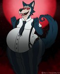 anthro beastars belly big_belly blood_moon canid canine canis claws clothing fangs fur furrylovepup_v2 grey_body grey_fur hi_res legoshi_(beastars) male mammal obese open_mouth overweight overweight_anthro overweight_male red_eyes school_uniform star tail teeth thick_thighs uniform wolf