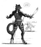 0laffson 2024 anthro armor bare_breasts barely_visible_genitalia barely_visible_pussy belt biped bottomwear breasts bulge butt clothing couter cuisse dagger dialogue digitigrade duo english_text erection erection_under_clothing felid female fingers fur gauntlets genitals gloves gorget graphite_(artwork) greaves handwear hi_res holding_melee_weapon holding_object holding_sword holding_weapon horn hybrid jaguar jip_(shalak) kobold male mammal markings melee_weapon meme monochrome motion_lines neuron_activation pantherine pants pauldron pencil_(artwork) poleyn pussy rear_view rerebrace river_(xanderh) sabatons sash scabbard scalie shadow shirt speech_bubble standing striped_body striped_fur striped_markings striped_tail stripes sword tail tail_markings text tiger topwear traditional_media_(artwork) tunic weapon wide_eyed