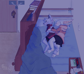 alarm_clock anthro bed bedroom black_nose book bookshelf bottomwear bulge calendar clock clothed clothing cuddling dresser duo eyes_closed fur furniture hoodie hug inner_ear_fluff key lock lying male male/male night no_pupils on_bed on_side paper pattern_clothing pill_bottle pillow shorts smile striped_clothing stripes text topwear tuft yumuyumu canid canine canis jackal mammal absurd_res digital_media_(artwork) hi_res