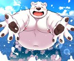 anthro belly blush clothing detailed_background eyes_closed fur humanoid_hands kemono male moobs navel nipples outside overweight overweight_anthro overweight_male solo swimwear water white_body white_fur 12beat13 utau shirane_kan bear mammal polar_bear ursine 2020