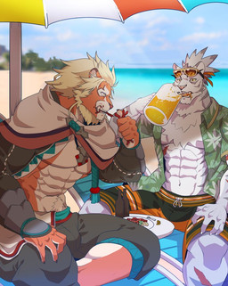 5_fingers barazoku beach biped chest_scar claws duo fingers hair humanoid_hands male muscular muscular_male parasol scar sea tied_hair water grausummon cygames world_flipper magnos_(world_flipper) nimbus_(world_flipper) felid lion mammal pantherine tiger 2022 colored