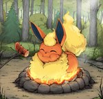 ambiguous_gender campfire clearing daww day detailed_background detailed_food eating eyes_closed feral fire food forest happy loaf lying meat on_front outside plant sausage solo stick tree otakuap nintendo pokemon eeveelution flareon generation_1_pokemon pokemon_(species) 2023 detailed digital_media_(artwork) hi_res