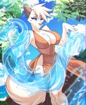 anthro big_breasts blue_eyes breasts cleavage clothed clothing curvy_figure dress female fur magic_user nipple_outline solo summer water white_body white_fur mimurus canid canine canis mammal wolf hi_res