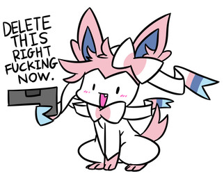 ambiguous_gender blush dialogue feral gun open_mouth profanity ranged_weapon simple_background smile solo text weapon white_background katsoup delet_this nintendo pokemon eeveelution generation_6_pokemon mammal pokemon_(species) sylveon 2019 absurd_res digital_media_(artwork) english_text hi_res meme reaction_image