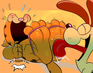3_toes anthro blush blush_lines bodily_fluids brown_ears duo eyes_closed feet foot_fetish foot_lick foot_play fur laugh licking lying male on_back open_mouth open_smile orange_body orange_fur pink_nose red_tongue saliva saliva_on_tongue smile soles tail tickle_fetish tickling tickling_feet toe_restraints toes tongue tongue_out darqlugia garfield_(series) garfield_the_cat odie_the_dog canid canine canis domestic_cat domestic_dog felid feline felis mammal tabby_cat
