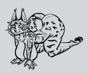 all_fours anthro ass_up big_breasts big_butt breasts butt chest_tuft crossgender feet female fur hair hanging_breasts hindpaw huge_breasts huge_butt hyper hyper_butt inner_ear_fluff looking_at_viewer markings nipple_piercing nipples nude nude_anthro nude_female paws piercing smile smirk solo spots spotted_body spotted_fur tail thick_thighs tuft coalcat drex_the_lynx felid feline iberian_lynx lynx mammal 2026 digital_drawing_(artwork) digital_media_(artwork) monochrome sketch