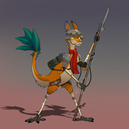 anthro armor backpack gradient_background headgear helmet male melee_weapon polearm shoulder_guards simple_background solo spear tail weapon yellow_sclera jonnydoodle out-of-placers mammal yinglet 1:1