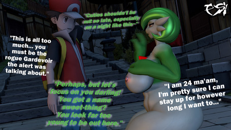 big_breasts breasts brown_hair clothed clothed_human clothed_male clothing crouching dialogue duo female green_body green_hair hair male multicolored_body night nipples nude nude_female nude_humanoid outside pink_nipples standing text thick_thighs two_tone_body wearing_hat white_body psikokinetic warfaremachine_(modeler) nintendo pokemon pokemon_trainer red_(pokemon) warfare_gardevoir gardevoir generation_3_pokemon human humanoid mammal pokemon_(species) 16:9 2026 3d_(artwork) digital_media_(artwork) english_text hi_res source_filmmaker_(artwork) widescreen