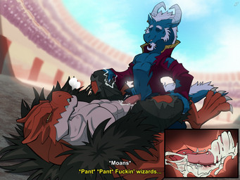 4_fingers 4_toes animal_genitalia anthro anthro_on_anthro anthro_penetrated anthro_penetrating anthro_penetrating_anthro arena battle blue_body blue_scales bodily_fluids bottomwear bottomwear_down clothed clothing colosseum cum cum_in_slit cum_inside cutaway dialogue duo ear_piercing ear_ring ejaculation electricity erection exhibitionism eyes_closed facial_hair fantasy feet fingers forced from_front_position genital_fluids genital_slit genitals goatee hair hands_on_legs horn internal larger_male larger_penetrated looking_at_viewer lying magic magic_user male male/male male_penetrated male_penetrating male_penetrating_male mature_male missionary_position motion_lines muscular muscular_bottom muscular_male muscular_sub navel on_back open_mouth orange_eyes outside pants pants_down partially_clothed penetration penile penile_penetration penis piercing pink_eyes profanity rape red_body red_scales ring_piercing scales sex sharp_teeth shirt sideburns size_difference slit_penetration slit_play small_dom_big_sub small_top_big_bottom smaller_male submissive tail talking_to_another tapering_penis teeth text toes topwear torn_clothing tunic white_hair yellowluster mythology cadnyr geith_(the_ossan_newbie_adventurer) dragon lizard mythological_creature mythological_scalie reptile scalie 2025 4:3 absurd_res digital_media_(artwork) english_text hi_res signature