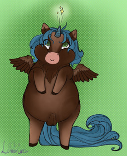 animal_genitalia balls blue_hair blue_horn blue_tail brown_body brown_fur brown_hooves brown_wings feathered_wings feathers feral front_view fur genitals green_background green_eyes hair hooves horn looking_up male male_feral mouth_closed on_hind_legs overweight overweight_feral overweight_male pattern_background sheath simple_background smile solo sparkles tail text wings young young_feral young_male epilepsy_warning lemoncurds fluffy_pony fluffy_pony_(species) mammal 2022 artist_name digital_media_(artwork) hi_res