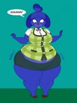 accessory anthro bell bell_accessory belly belly_expansion big_belly big_breasts black_eyebrows blue_body blue_bottomwear blue_clothing blue_ears blue_hair blue_nose blue_skirt blue_tail blueberry_inflation blush bottomwear breasts brown_clothing brown_eyes brown_footwear brown_shoes button_(fastener) clothing dialogue expansion eyebrows eyelashes female footwear green_clothing green_topwear green_vest hair hair_accessory hairband huge_thighs inflation inflation_fetish looking_down looking_down_at_self onomatopoeia red_hairband scut_tail shirt shoes short_tail simple_background skirt solo sound_effects speech_bubble swelling tail teal_background text thick_thighs thigh_expansion three-quarter_view tight_clothing tongue topwear vest whimper white_clothing white_shirt white_topwear thaliaglacyswells animal_crossing nintendo isabelle_(animal_crossing) canid canine canis domestic_dog mammal shih_tzu toy_dog 2025 colored comic digital_media_(artwork) english_text flat_colors hi_res