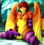 anthro arm_warmers armwear balls clothing detailed_background femboy genitals kneeling legwear male penis solo stockings tail wings tr.anonymous.h european_mythology greek_mythology mythology redfiery avian dragon hybrid mythological_avian mythological_bird mythological_creature mythological_firebird mythological_scalie phoenix scalie absurd_res hi_res