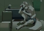 anthro bed bedroom biped clothed clothing fur furniture male scissors shirtless_anthro shirtless_male shorts_only slim_anthro slim_male solo topless white_body white_fur mid_bf canid canine canis mammal wolf 2024