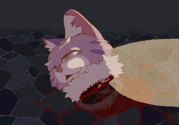 blood blood_on_ground blood_splatter bodily_fluids bone death decapitation exposed_bone exposed_muscle eyebrows fur gore grin half-closed_eyes inner_ear_fluff light narrowed_eyes neck_tuft night open_mouth orange_ears orange_eyes orange_nose orange_sclera purple_body purple_fur purple_stripes severed_body_part severed_head smile solo stripes tuft white_body white_eyebrows white_fur wounded chuchochi domestic_cat felid feline felis mammal hi_res