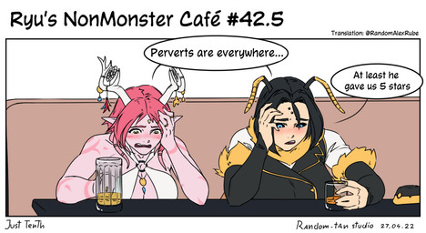 accessory big_breasts black_hair blue_eyes breasts cleavage clothed clothing dreamcatcher drinking drunk duo female furgonomics hair hand_to_face horn horn_accessory monster_girl_(genre) pink_body pink_skin sad substance_intoxication text traumatized white_horn randomtanstudio ryu's_non_monster_cafe mari_(randomtanstudio) miko_(randomtanstudio) animal_humanoid arthropod arthropod_humanoid bee_humanoid humanoid hymenopteran hymenopteran_humanoid insect insect_humanoid species_request comic english_text