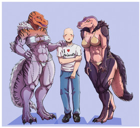 abs anthro big_breasts bikini bottomwear breasts claws clothed clothed_human clothed_male clothing denim denim_bottomwear denim_clothing eyeless feet female female_on_human front_view fully_clothed fully_clothed_human fully_clothed_male grey_body grey_scales group hand_on_hip human_on_anthro interspecies jeans larger_anthro larger_female male male/female male_on_anthro midriff muscular muscular_anthro muscular_female muscular_thighs pants partially_clothed_anthro partially_clothed_female scales sharp_teeth shirt size_difference skimpy swimwear t-shirt tail talons teeth text text_on_clothing text_on_shirt text_on_topwear thick_tail toe_claws toes topwear trio two-piece_swimsuit krocoart_116 capcom monster_hunter anon anjanath brute_wyvern fulgur_anjanath human mammal scalie digital_drawing_(artwork) digital_media_(artwork) hi_res
