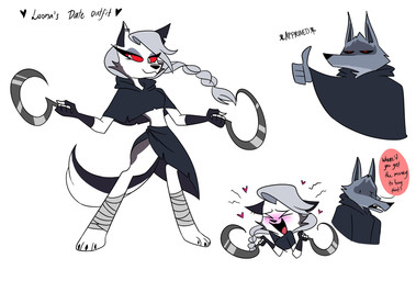 ankle_wraps anthro black_sclera blush braided_hair braided_ponytail clothing dialogue digitigrade duo female fingerless_gloves fur gesture gloves grey_body grey_fur hair hand_gesture handwear heart_symbol male ponytail red_eyes red_sclera robe sickle text thumbs_up white_body white_eyes white_fur emositecc dreamworks hellaverse helluva_boss mythology puss_in_boots_(franchise) death_(puss_in_boots) loona_(helluva_boss) canid canid_demon canine canis demon hellhound mammal mythological_canine mythological_creature wolf colored english_text hi_res