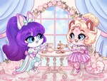 accessory anthro beverage blonde_hair blue_clothing blue_dress blue_eyes bow_ribbon cake clothed clothing dessert dress duo eyelashes female food fur furniture glistening glistening_eyes hair hair_accessory hair_bow hair_ribbon inside open_mouth open_smile pink_body pink_clothing pink_dress pink_fur pink_rose purple_hair ribbons sitting smile table tea white_body white_fur window tiggybloom felid lagomorph leporid mammal rabbit 2023 hi_res